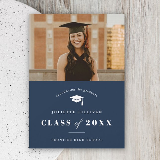 Minimal Type Photo Graduation Announcement (Simple typography navy blue photo graduation announcement card.)