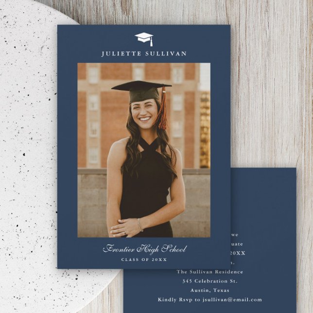 Minimal Type Photo Graduation Invitation (Minimal type navy blue photo graduation invitation.)