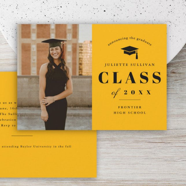 Minimal Type Photo Graduation Party Invitation (Minimal type black and gold photo graduation invitations.)