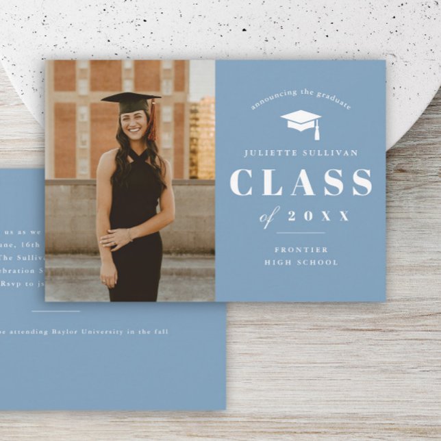 Minimal Type Photo Graduation Party Invitation (Light Blue Photo Graduation Invitation Announcement Card.)