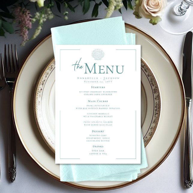 Minimal Typography Aqua & White Seashell Wedding Menu (Minimal Typography Aqua & White Seashell Wedding Menu)