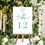 Minimal Typography Aqua & White Seashell Wedding Table Number<br><div class="desc">Sleek, sophisticated, and effortlessly elegant — this modern wedding table number card is perfect for the couple who loves timeless design with a contemporary twist. Featuring soft turquoise aqua text on a clean white background, the layout is framed by a thin openwork border that adds just the right touch of...</div>