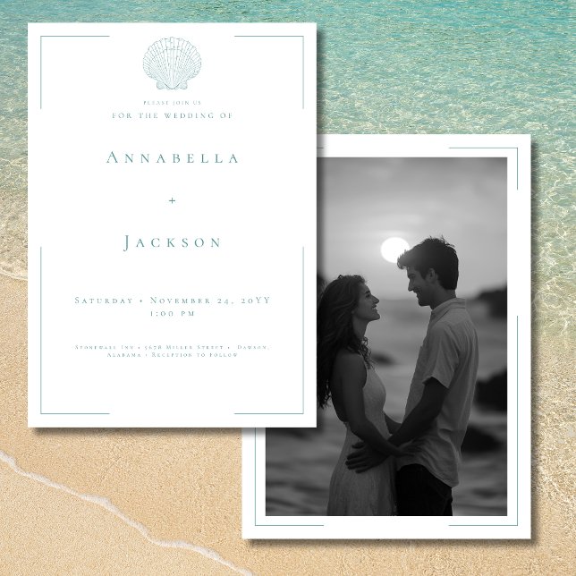 Minimal Typography Aqua White Shell Photo Wedding Invitation (Minimal Typography Aqua White Shell Photo Wedding Invitation)