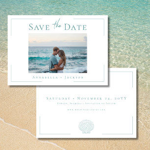 Minimal Typography Aqua White Shell Photo Wedding Save The Date