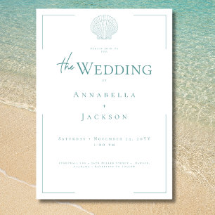 Minimal Typography Aqua & White Shell Wedding Invitation