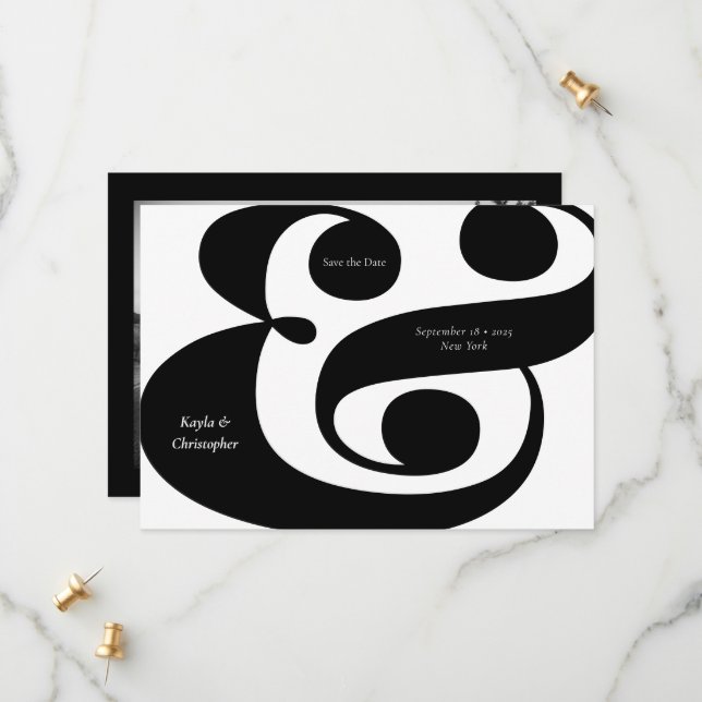 Minimal Typography Black Ampersand Wedding Photo Save The Date (Front/Back In Situ)