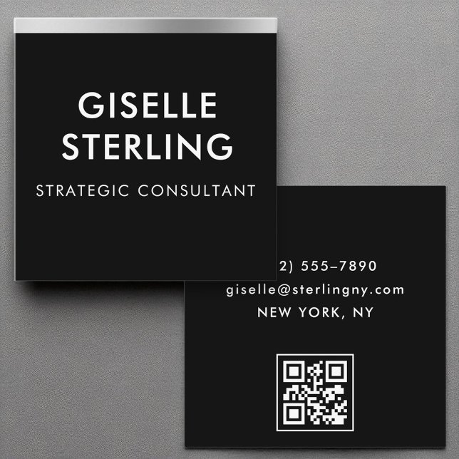 Minimal Typography Black Silver Luxury QR Code  Square Business Card (Creator Uploaded)
