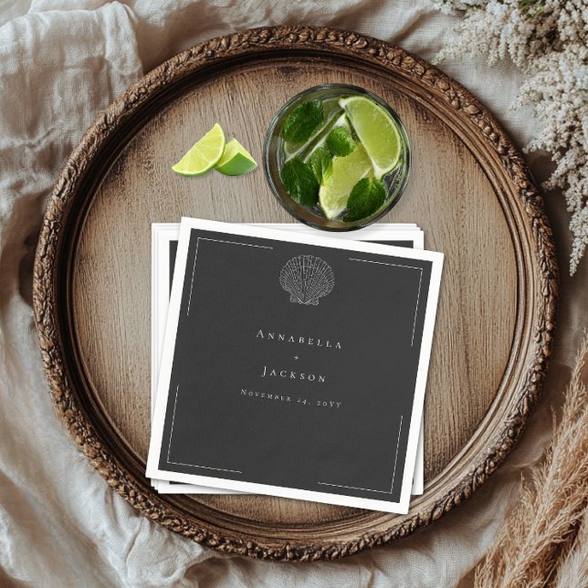 Minimal Typography Black & White Seashell Wedding Napkin (Minimal Typography Black & White Seashell Wedding Napkins)