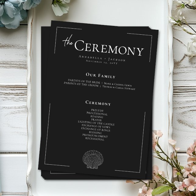 Minimal Typography Black & White Seashell Wedding Program (Minimal Typography Black & White Seashell Wedding Program Card)