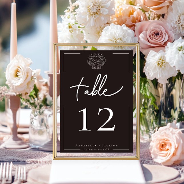 Minimal Typography Black & White Seashell Wedding Table Number (Minimal Typography Black & White Seashell Wedding Table Number Card)