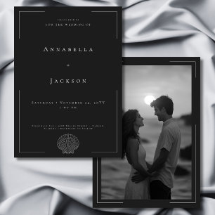 Minimal Typography Black White Shell Photo Wedding Invitation