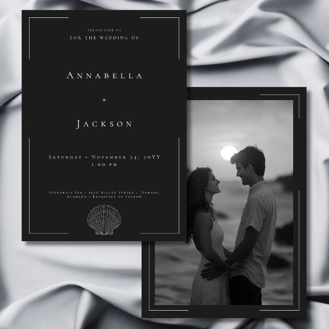 Minimal Typography Black White Shell Photo Wedding Invitation (Minimal Typography Black White Shell Photo Wedding Invitation)