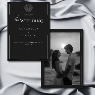 Minimal Typography Black White Shell Photo Wedding Invitation