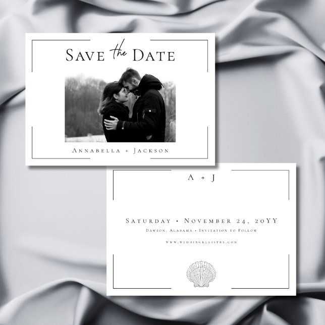 Minimal Typography Black White Shell Photo Wedding Save The Date (Minimal Typography Black White Shell Photo Wedding Save The Date)
