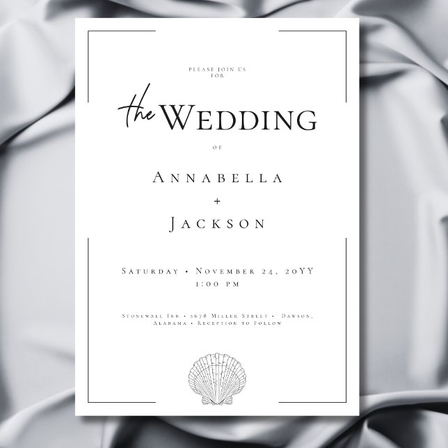 Minimal Typography Black & White Shell Wedding Invitation (Minimal Typography Black & White Shell Wedding Invitation)