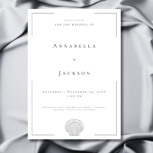 Minimal Typography Black & White Shell Wedding Invitation (Minimal Typography Black & White Shell Wedding Invitation)
