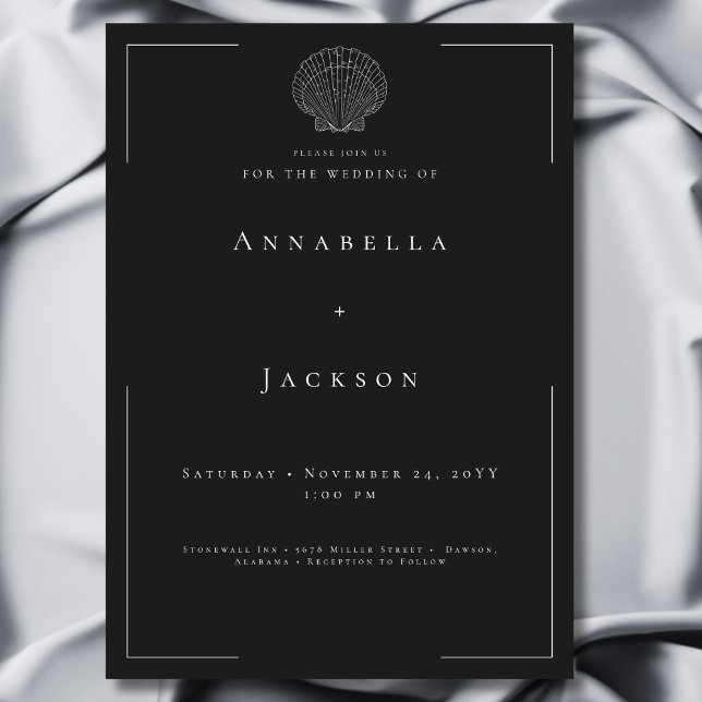 Minimal Typography Black & White Shell Wedding Invitation (Minimal Typography Black & White Shell Wedding Invitation)