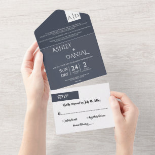 Minimal Typography Dark Blue Chic Modern Wedding  All In One Invitation