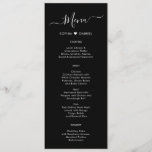 Minimal Typography Heart Black Wedding Menu Card<br><div class="desc">Minimalist Elegant Simple Typography Heart Black Wedding Menu Card is perfect for a modern minimal wedding. Design featuring black hand lettered typography/calligraphy, little love heart motif between couple's name in white on black background, with a simple clean look. This menu can be used for a wedding reception, rehearsal dinner, or...</div>