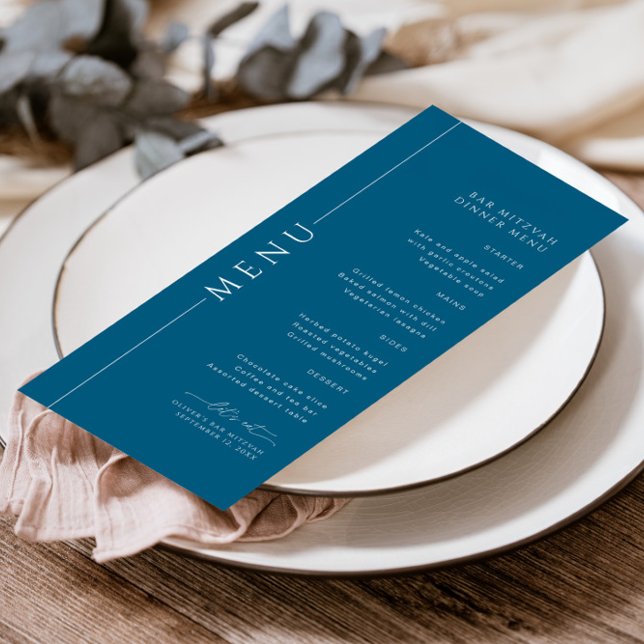 Minimal Typography Navy Blue Bar Mitzvah Menu (Creator Uploaded)