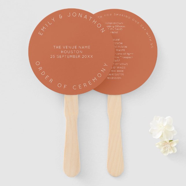 Minimal Typography Terracotta Wedding Program  Hand Fan (Front and Back)