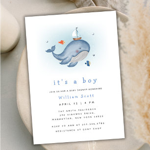 Minimal Under The See Whale Nautica Baby Shower Invitation