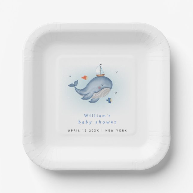 Minimal Under The See Whale Nautica Baby Shower Paper Plate (Front)