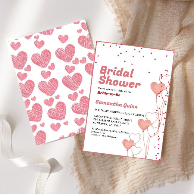Minimal Valentine pink & Red heart Bridal Shower  Invitation (Creator Uploaded)