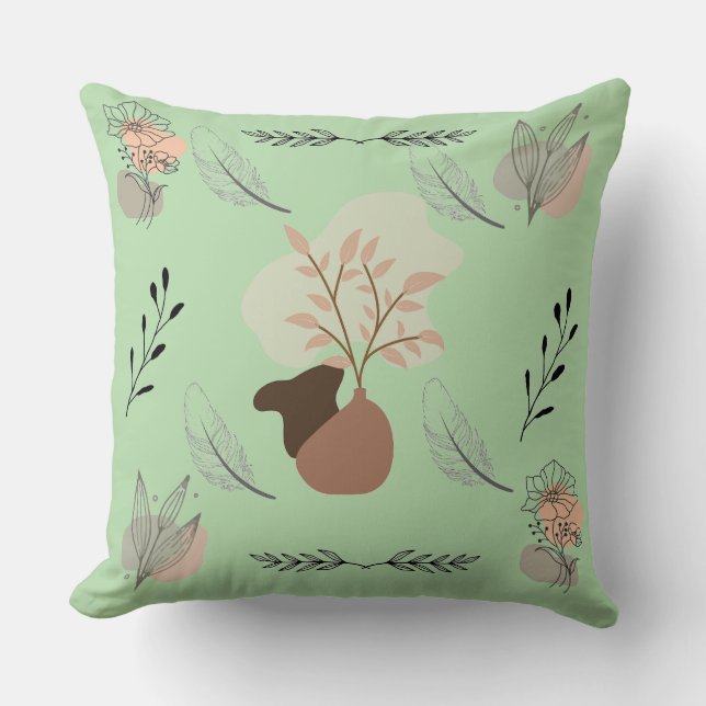 Minimal vase, feathers and floral boho art- cushion (Front)