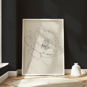 Minimal Vintage Peony Floral Line Art Black Cream Poster