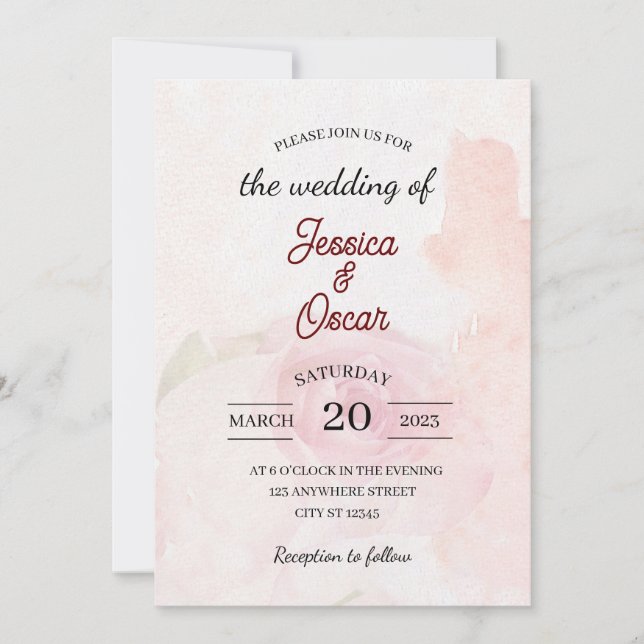 Minimal Vintage Pink Rose Wedding Invitation (Front)