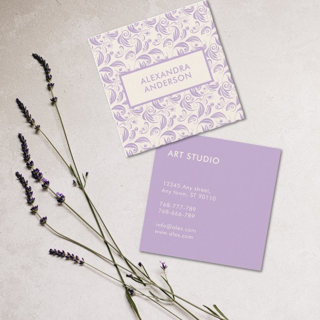 Minimal Violet Leaves Pattern  Square Business Card (Minimal Violet Leaves Pattern Square Business Card)
