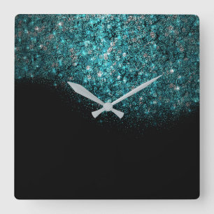 Minimal Vip Black Blue Sapphire Blue Turquoise Square Wall Clock
