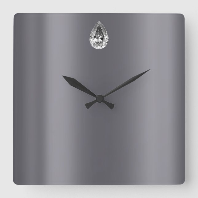 Minimal Vip Black Silver Diamond Graphite Gemmes Square Wall Clock (Front)