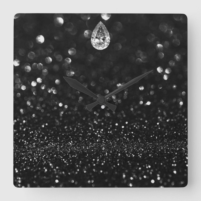 Minimal Vip Black Silver Diamond Graphite Glitter Square Wall Clock (Front)