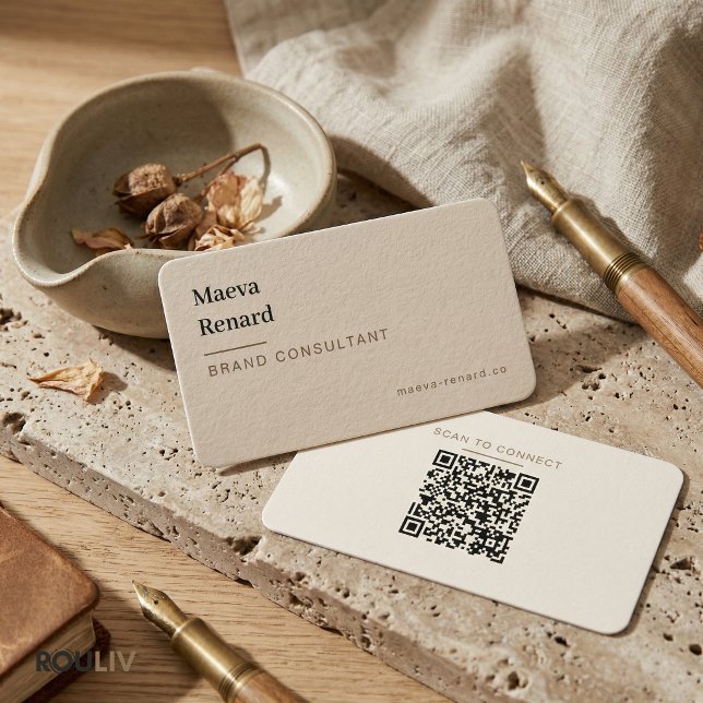 Minimal Warm Beige Linen Texture QR Code Freelance Business Card (Wabi-Sabi Warm Beige Linen Texture QR Code Creative Freelancer Business Card
)