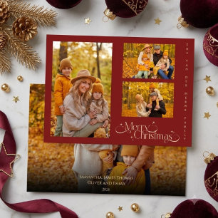 Minimal Warm Red Family Four Photo Merry Christmas Holiday Card