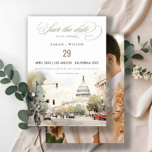 Minimal Washington DC USA Watercolor Photo Wedding Save The Date
