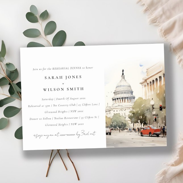 Minimal Washington DC Watercolor Rehearsal Dinner Invitation (Creator Uploaded)