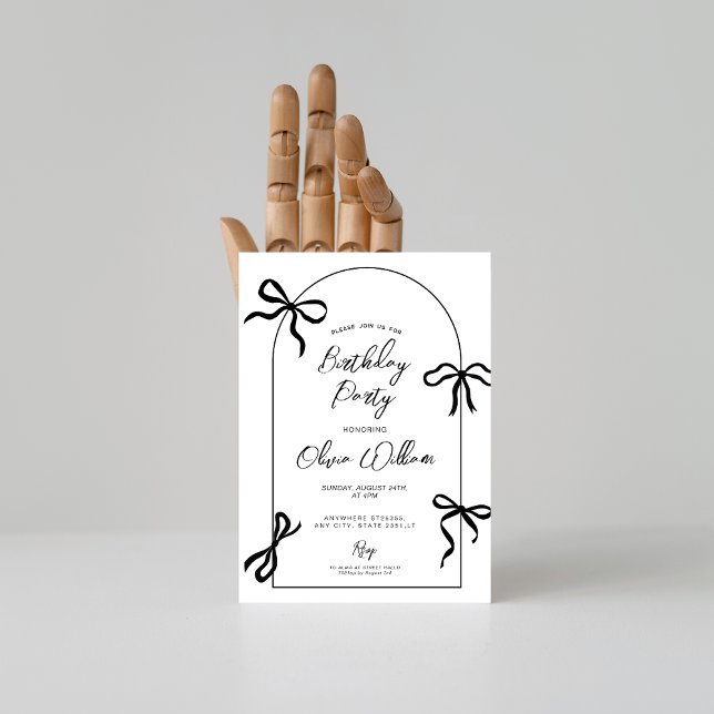 Minimal watercolor black bow arch birthday invitation (Creator Uploaded)