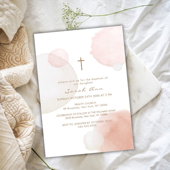 Minimal Watercolor Boho Gold Cross Baptism  Invitation (Minimal Watercolor Boho Gold Cross Baptism Invitation)