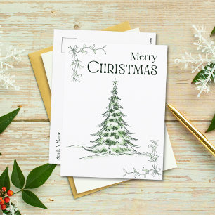 Minimal Watercolor Christmas Tree Merry Christmas Holiday Postcard