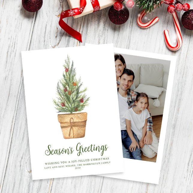Minimal Watercolor Christmas Tree Photo Holiday Card (Creator Uploaded)