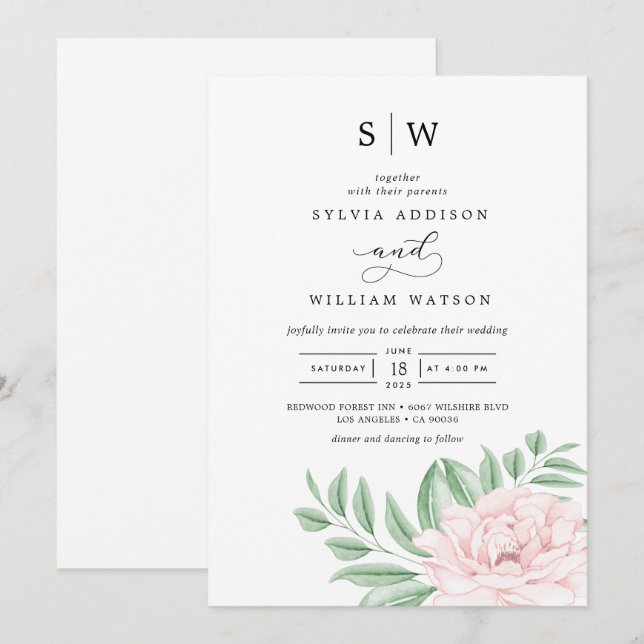 Minimal Watercolor Eucalyptus Blush Pink Wedding Invitation (Front/Back)