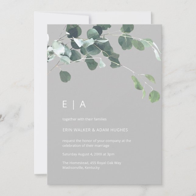 Minimal Watercolor Eucalyptus Greenery Monogram Invitation (Front)