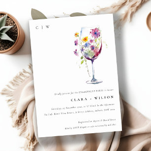 Minimal Watercolor Floral Wine Glass Engagement Invitation