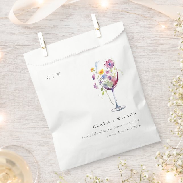 Minimal Watercolor Floral Wine Glass Wedding Favour Bag (Clipped)