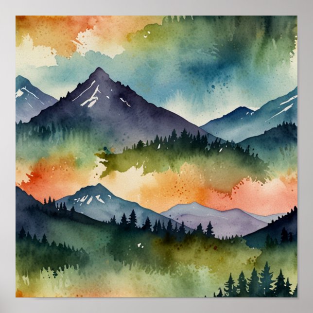 Minimal Watercolor Mountain Landscape Poster (Front)