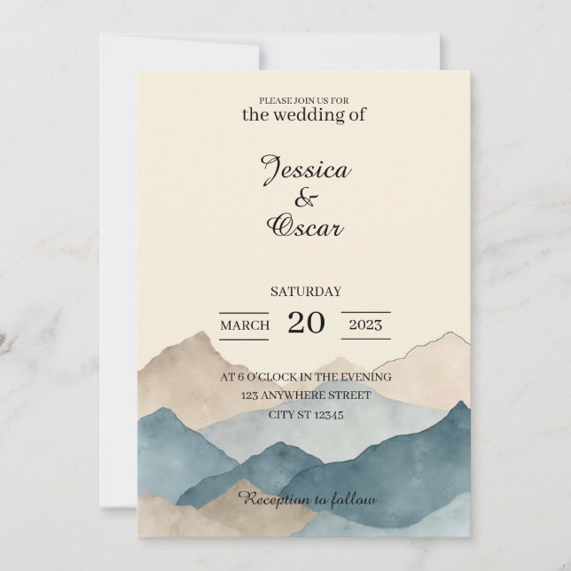 Minimal Watercolor Mountain Wedding Invitation (Front)