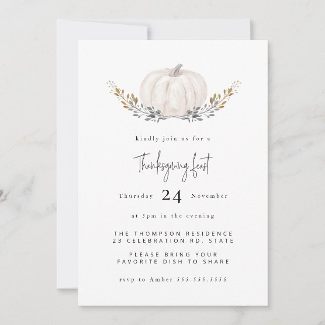 Minimal Watercolor Pumpkin Foliage Thanksgiving Invitation (Front)